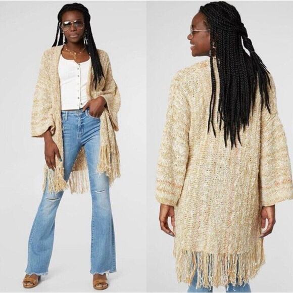 Free People fringe knit Duster Poncho Lucia Size Small Boho Festival Cardigan - Picture 2 of 10